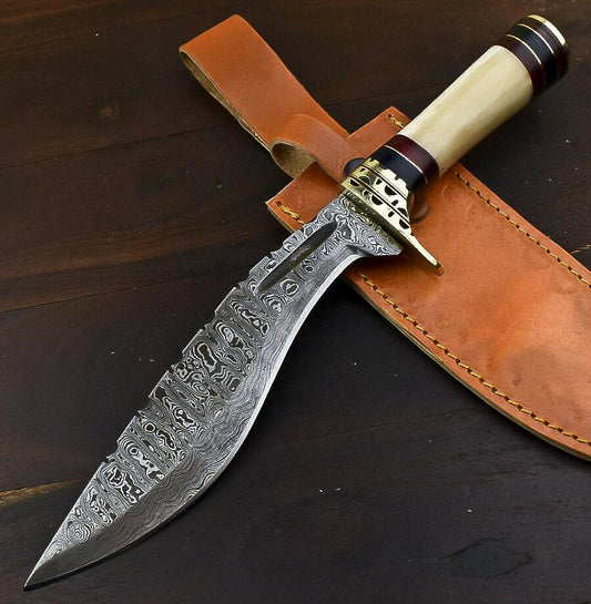 12.6" Damascus Steel Bowie Knife with Camel Bone Handle – Handmade Gift Edition