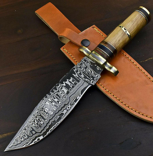 12.6" Damascus Steel Bowie Knife with Olive Wood Handle 