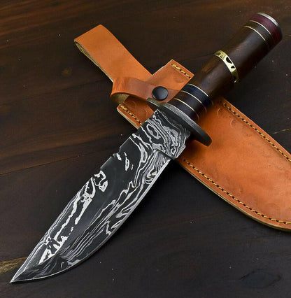 12.6" Damascus Survival Bowie Knife Damascus Steel Knife with Wood Handle & Leather Sheath