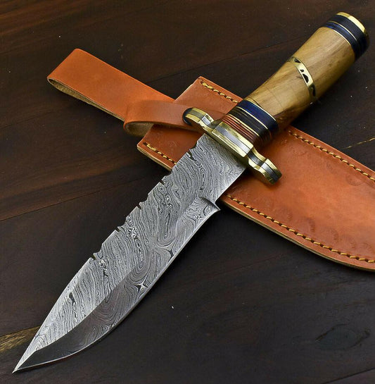 12.6" Handmade Damascus Bowie Knife – Olive Wood Handle Hunting & Throwing Knife