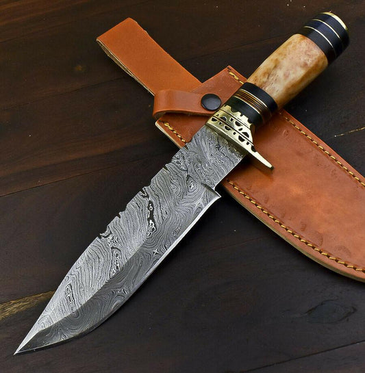 12.6" Handmade Damascus Steel Bowie Knife with Camel Bone Handle & Leather Sheath