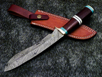 12.75" Handmade Damascus Bowie Knife Damascus Steel Knife with Natural Wood Handle & Sheath