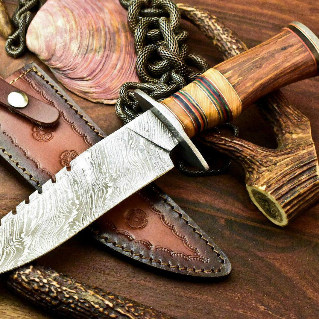 12.75" Handmade Damascus Hunting Bowie Knife | Walnut Wood Handle