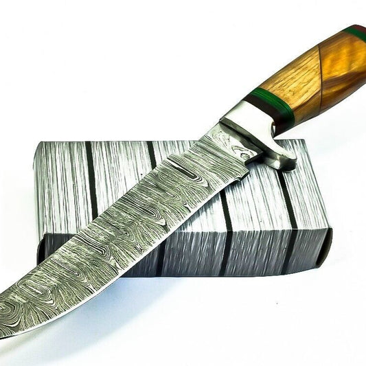 12.75 Inch Damascus Steel Bowie Hunting Knife with Wood Handle and Steel Guard