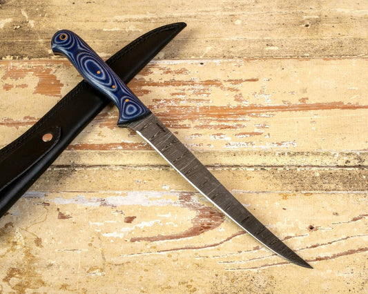  12.7” Custom Fillet Knife Damascus Fillet Knife with Micarta Handle & Leather Sheath