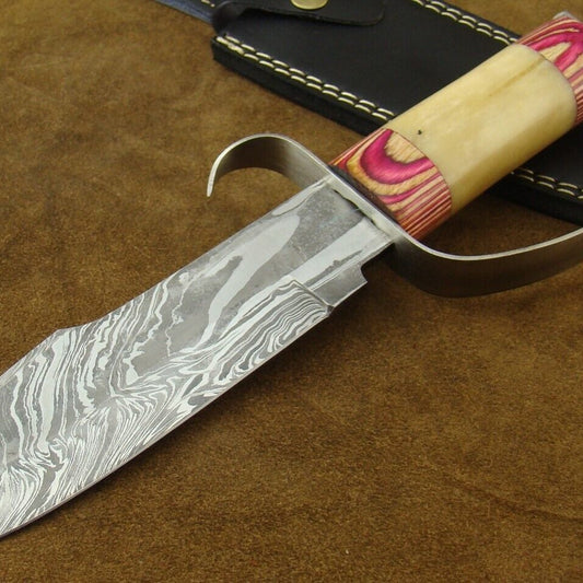 12.7" Handmade Damascus Steel D-Guard Bowie Hunting Knife – Camel Bone & Pakkawood Handle