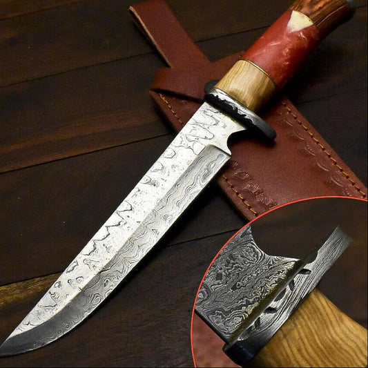 12.8" Handmade Damascus Bowie Knife Damascus Steel Knife With Corian Trailing Art Handle 