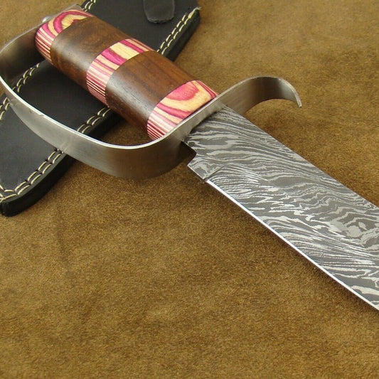 12.9" Damascus D-Guard Bowie Knife with Pakkawood & Rosewood Handle

