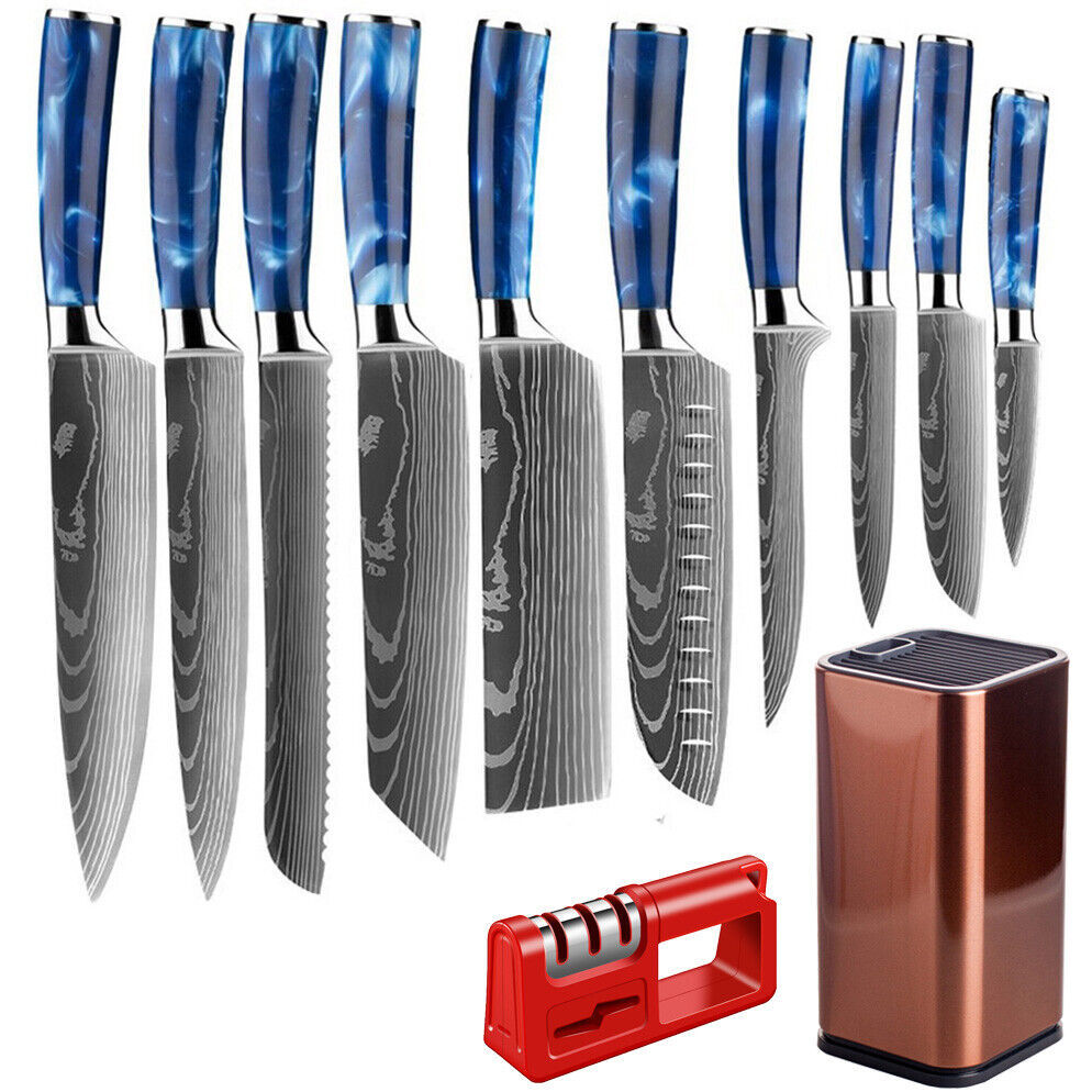 12PC Japanese Kitchen Knife Set with Laser Damascus Pattern, Holder & Sharpener