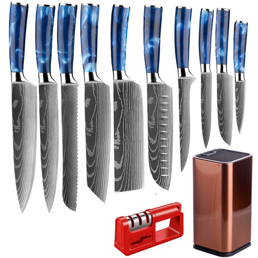 12PC Japanese Kitchen Knife Set with Laser Damascus Pattern, Holder & Sharpener
