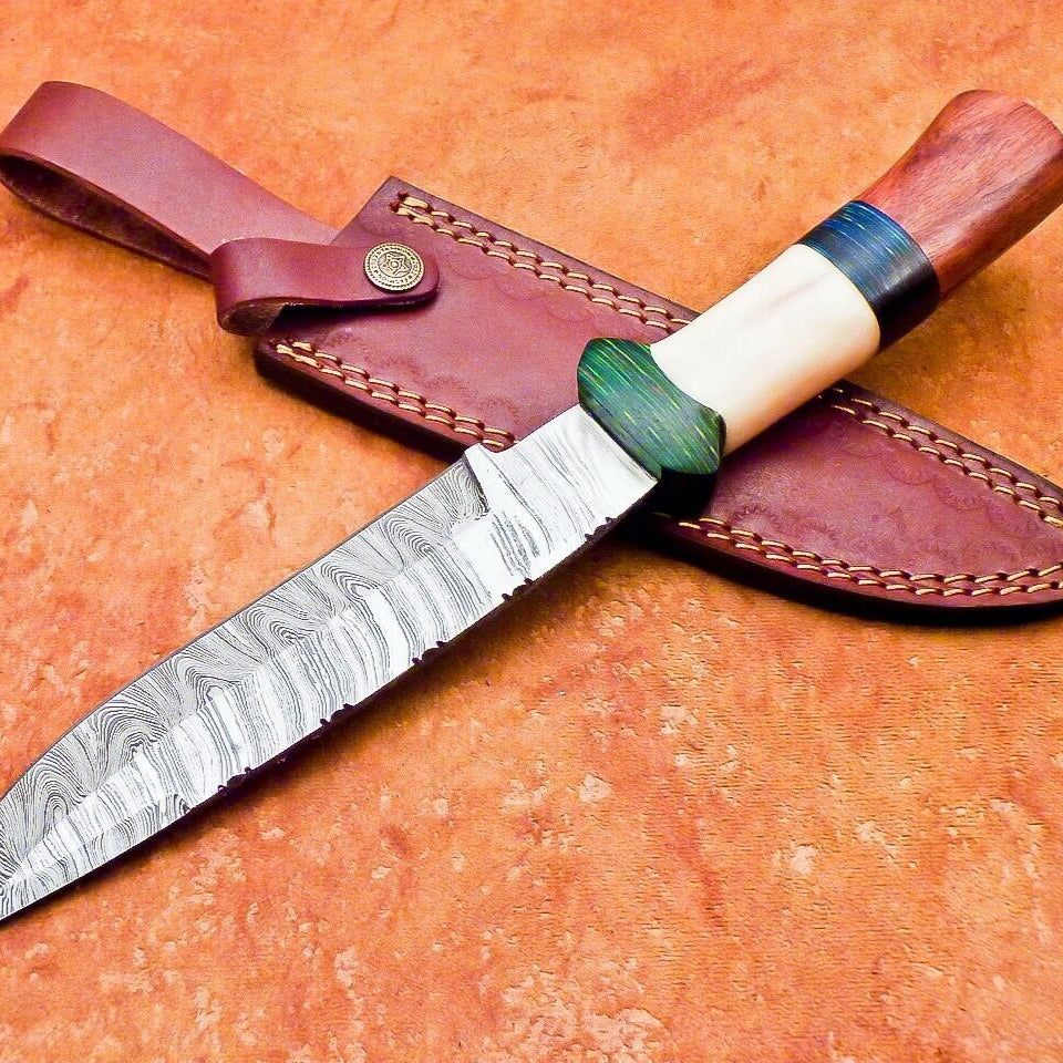 12" Custom Damascus Bowie Knife – Camel Bone & Hardwood Handle with Sheath