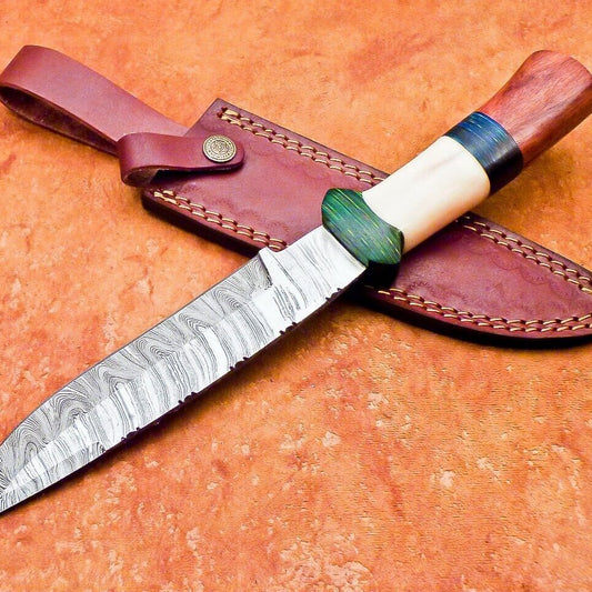 12" Custom Damascus Bowie Knife – Camel Bone & Hardwood Handle with Sheath
