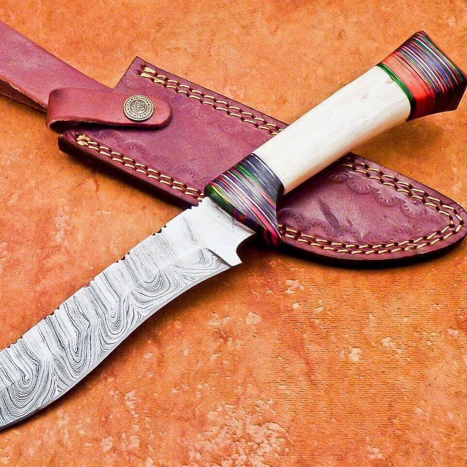  12" Custom Damascus Bowie Knife | Camel Bone & Wood Handle 
