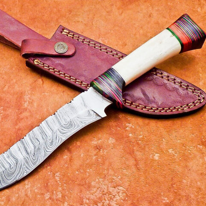  12" Custom Damascus Bowie Knife | Camel Bone & Wood Handle 