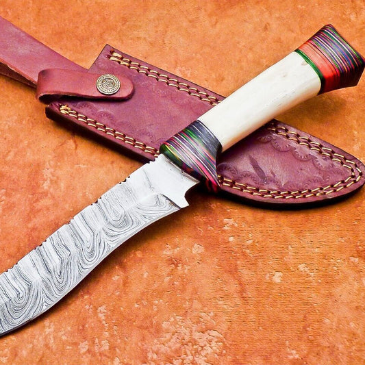  12" Custom Damascus Bowie Knife | Camel Bone & Wood Handle 