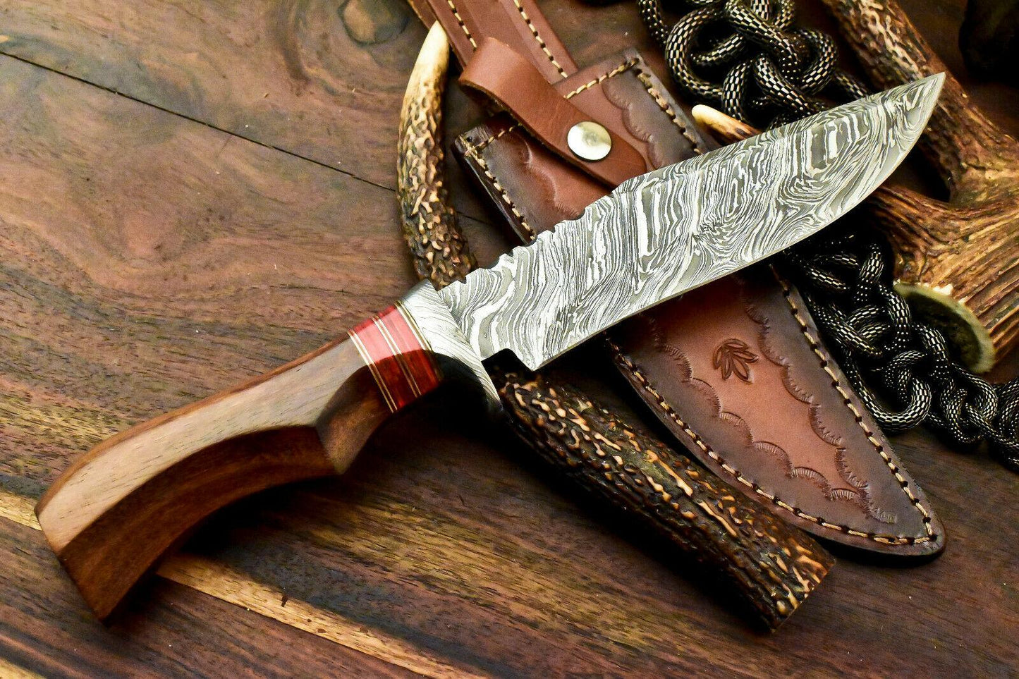 12" Custom Damascus Bowie Knife Damascus Steel Knife with Walnut Wood Handle & Sheath