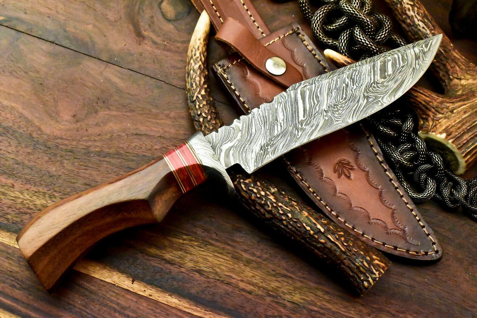 12" Custom Damascus Bowie Knife Damascus Steel Knife with Walnut Wood Handle & Sheath
