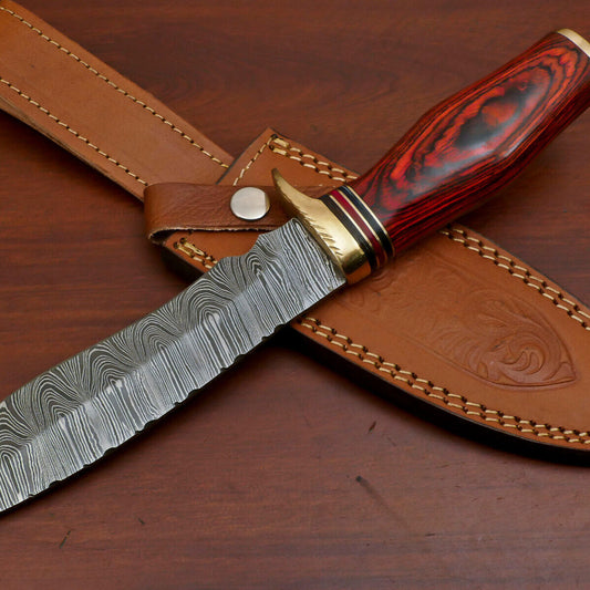 12" Custom Damascus Bowie Knife – Pakka Wood Handle with Brass Guard 