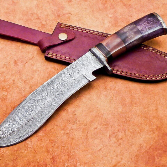12" Custom Damascus Bowie Knife with Camel Bone Handle & Damascus Bolster