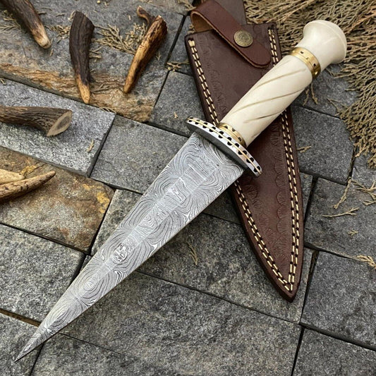 12" Custom Damascus Dagger Bowie Knife | Resin Handle + Sheath