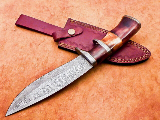 12" Custom Damascus Steel Bowie Knife with Camel Bone Handle – Camping & Hunting Blade