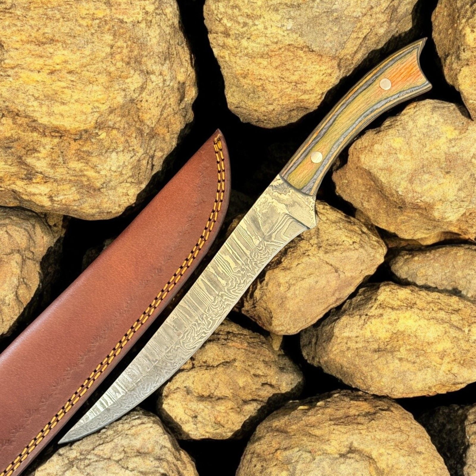 12" Custom Fillet Knife Fire Storm Damascus Fillet Knife Kitchen Blade with Wood Handle