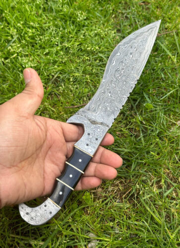 12" Custom Forged Damascus Tracker Knife – Bushcraft Survival Hunting Fixed Blade with Leather Sheath