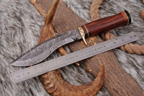 12" Custom Hand Forged Bowie Damascus Steel Knife With Wood Handle & Leather Sheath