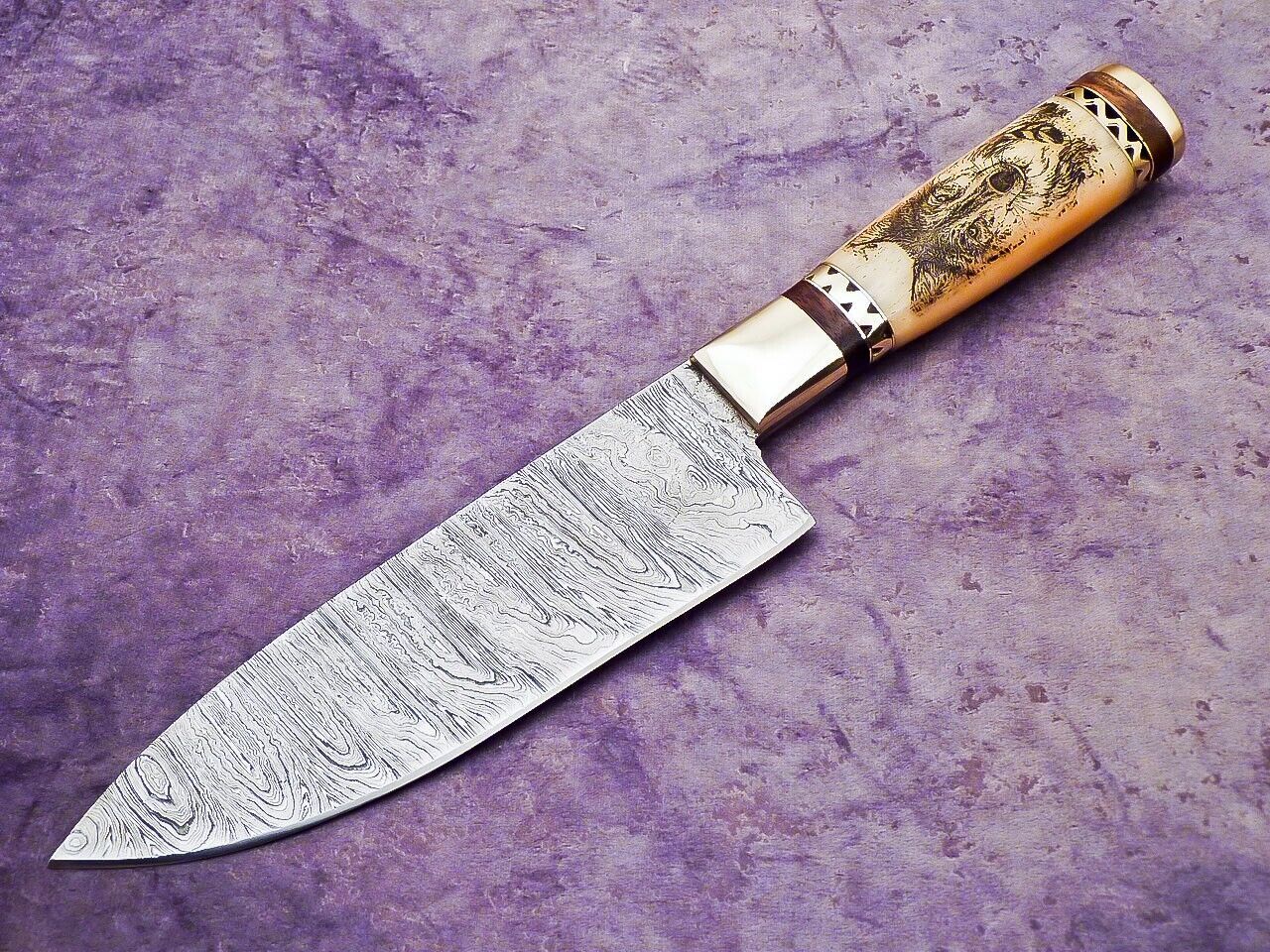 12" Custom Hand Forged Damascus Chef Knife with Camel Bone Handle