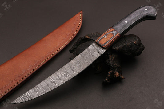 12" Custom Hand Forged Damascus Fillet Knife Custom Fillet Knife With Leather Sheath