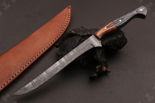 12" Custom Hand Forged Damascus Fillet Knife Damascus Steel Fillet Knife With Leather Sheath