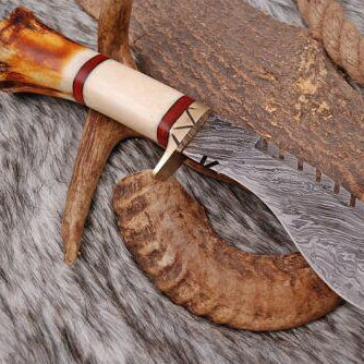 12" Custom Hand Forged Damascus Kukri Bowie Knife – Full Tang Leather Sheath