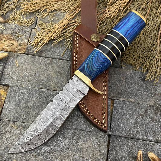 12" Custom Hand Forged Damascus Steel Bowie Knife – Hunting & Camping with Leather Sheath