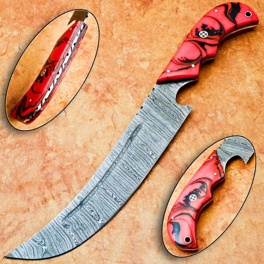 12" Custom Hand Forged Damascus Steel Chef Kitchen Knife with Resin Handle & File Work

