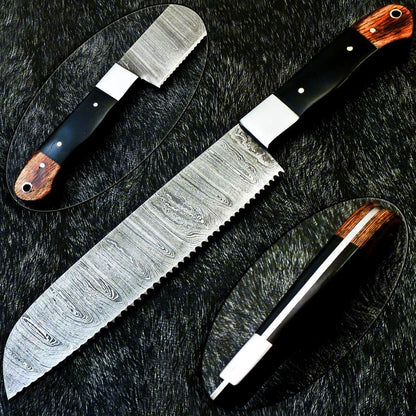 12" Custom Hand Forged Damascus Steel Chef Knife Kitchen Knife with Hardwood & Bull Horn Handle