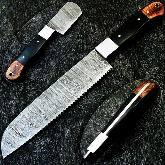 12" Custom Hand Forged Damascus Steel Chef Knife Kitchen Knife with Hardwood & Bull Horn Handle