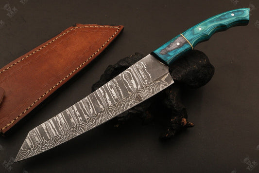 12" Custom Hand Forged Damascus Steel Chef Knife and Wood Handle