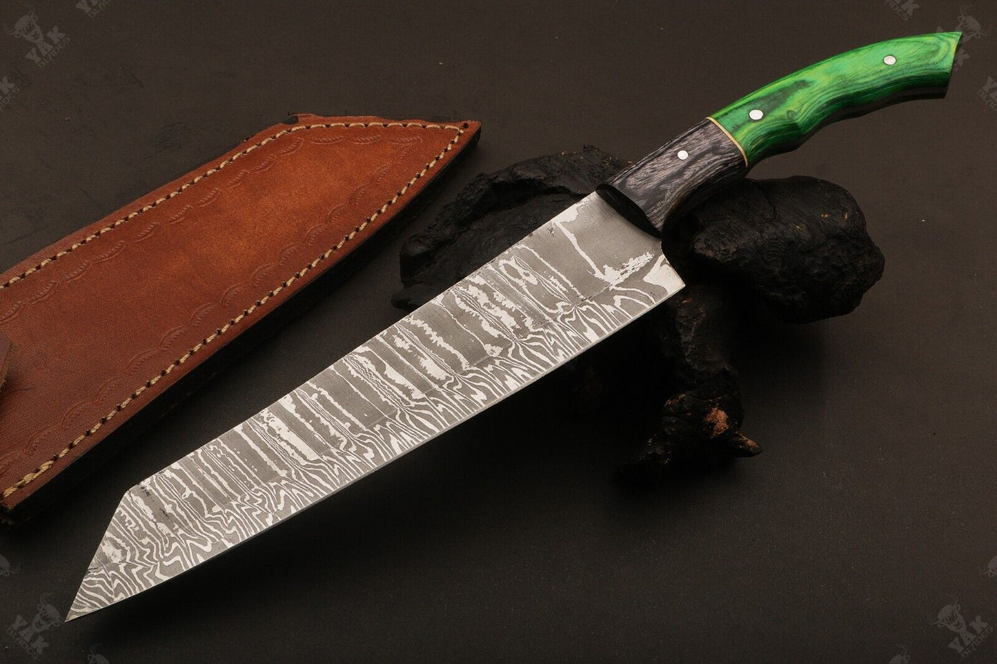 12" Custom Hand Forged Fire Damascus Steel Chef Knife Full Tang Wood Handle