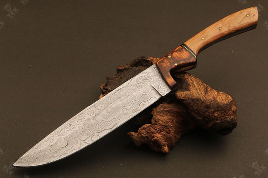 12" Custom Hand Forged Raindrop Damascus Steel Santoku Chef Knife – Camel Bone & Wood Handle