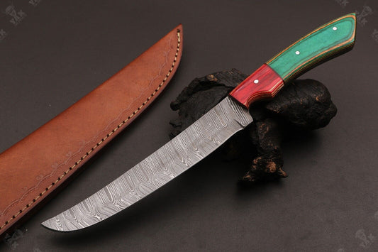 12" Custom Hand Forged Twist Damascus Fillet Knife Best Fillet Knife With Leather Sheath