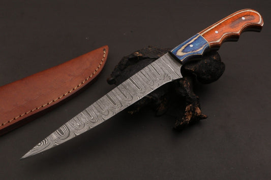 12" Custom Hand Forged Twist Damascus Fillet Knife Damascus Steel Fillet Knife W/Sheath