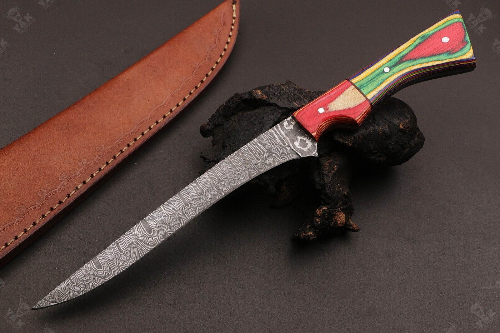 12" Custom Hand Forged Twist Damascus Fillet Knife With Pakka Wood Handle & Leather Sheath