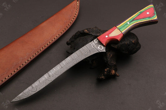 12" Custom Hand Forged Twist Damascus Fillet Knife With Pakka Wood Handle & Leather Sheath
