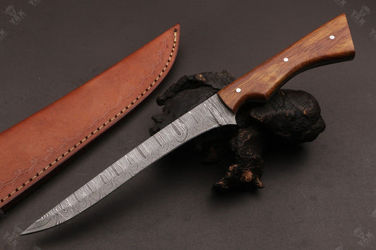 12" Custom Hand Forged Twist Damascus Fillet Knife With Wood Handle & Leather Sheath