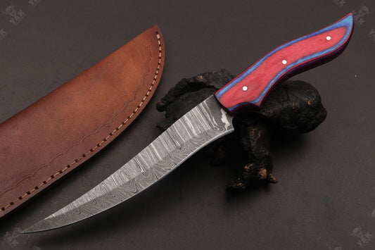 12" Custom Hand Forged Twist Damascus Steel Fillet Knife & Best Fillet Knife W/Sheath