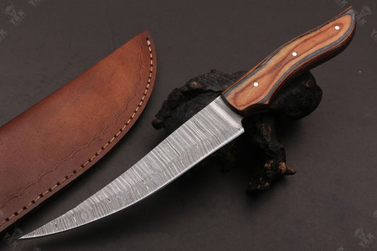 12" Custom Hand Forged Twist Damascus Steel Fillet Knife & Damascus Fillet Knife W/Sheath