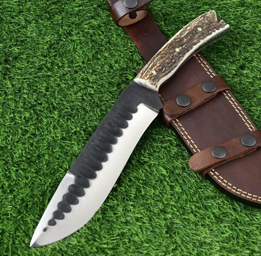 12" Custom Handmade D2 Steel Bowie Hunting Knife – Stag Antler Handle