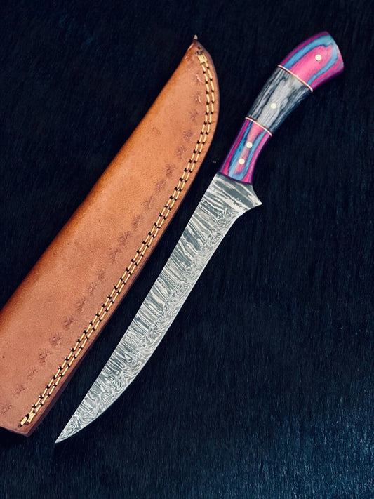 12" Custom Handmade Damascus Fillet Knife Fire Damascus Steel Fillet Knife W/Sheath