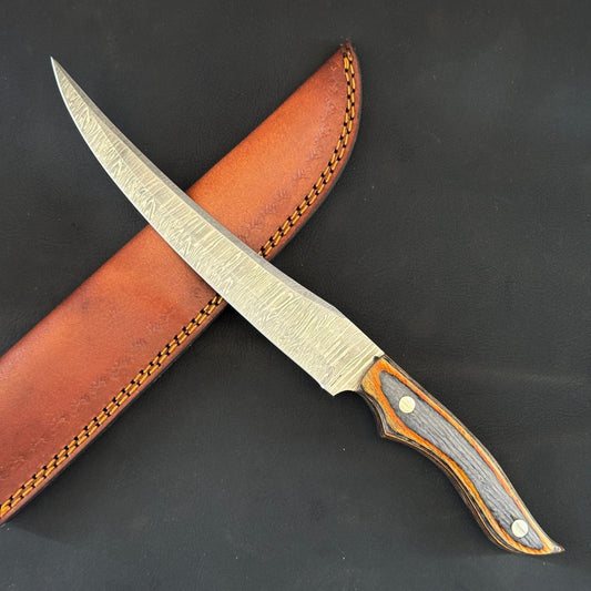 12" Custom Handmade Damascus Fillet Knife with Pakka Wood Handle & Leather Sheath
