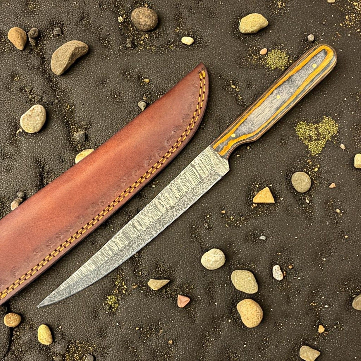 12" Custom Handmade Damascus Fillet Knife with Wood Handle for Kitchen W/Sheath